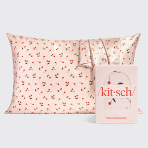 Funda de almohada de satén con estampado de cerezas