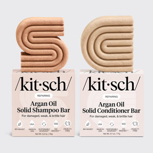 KITSCH Repairing Argan Oil Shampoo & Conditioner Bar Combo — hero product shot — Formulated with Everbond® clinically proven to help reverse and repair hair damage — free of parabens, phthalates, silicones and sulfates, pH balanced and safe for color-treated hair