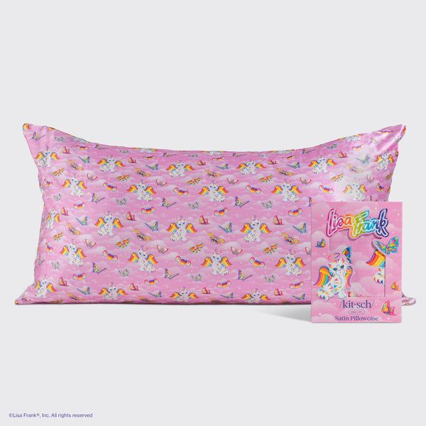 Lisa Frank x Kitsch Angel Kitty™ King satin pillowcase in pink with colorful Angel Kitty™ print, shown with product packaging.