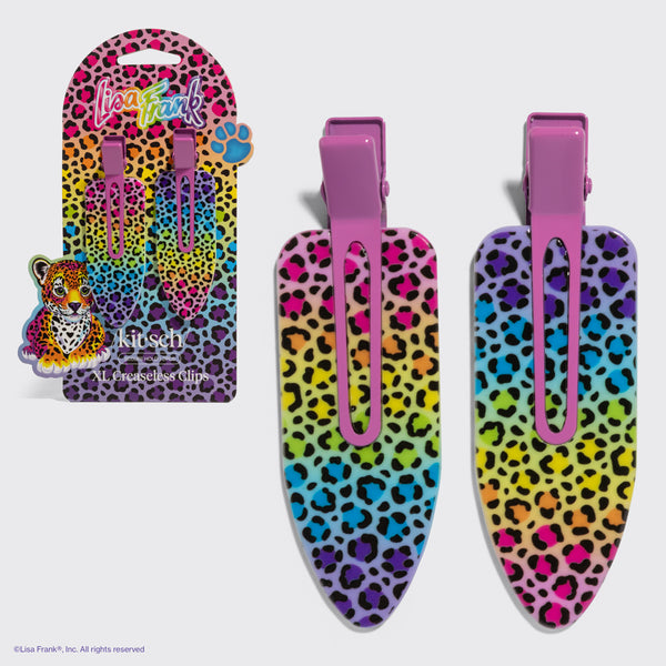 Lisa Frank x Kitsch XL Rainbow Leopard Creaseless Clips shown with colorful leopard print packaging.