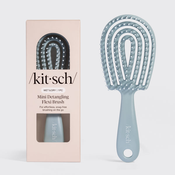 KITSCH Haze Blue Detangling Flexi Brush - Mini — hero product shot on a soft neutral background — Bendable Bristles: the flexible frame adapts to the shape of your head for a comfortable and effortless detangling experience — ready for daily use
