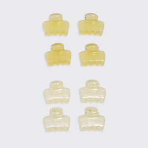 KITSCH Pearlized Cream & Butter Yellow Jelly Cloud Clips Mini — flat lay grid showing all 8 clips in 4 rows of 2 on white background — butter yellow clips top half, pearlized cream clips bottom half — All-Day Hold | 8pcs, Made from Recycled Materials — mini jelly claw clip color comparison shot