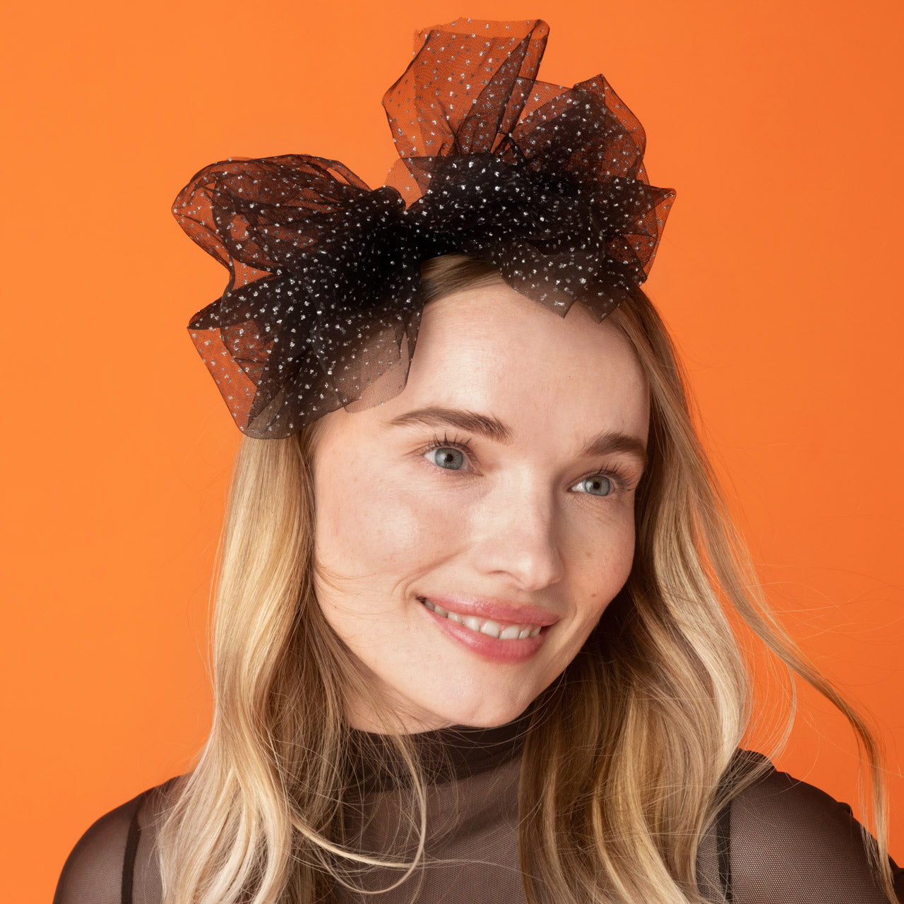 KITSCH Black Glitter Tulle Headband — lifestyle model shot styling the glitter tulle headband — costume-ready glam you can wear all season