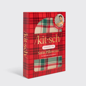 KITSCH Satin Pillowcase in Holiday — packaging shot — gentle on skin, hair, eyelashes & eyebrows — ready for gifting this holiday season