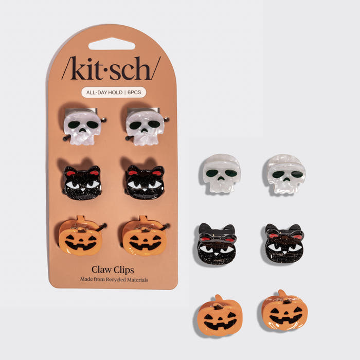 Halloween Mini Claw Clips 6pc Set with Kitsch packaging featuring skull, black cat, and pumpkin mini claw clips made from recycled materials.