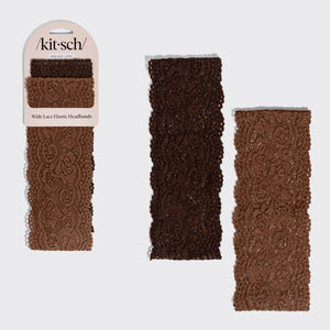KITSCH Mocha & Chocolate Wide Lace Headbands 2pc Set — both brown lace headbands shown with the packaging card — includes two headbands in timeless browns for effortless everyday styling — everyday styling