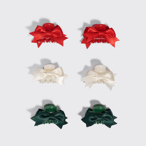 KITSCH Holiday Claw Clips 6pc Set - Mini — the six clips arranged in red, ivory and green pairs — Crafted from recycled plastic — quick touch-ups