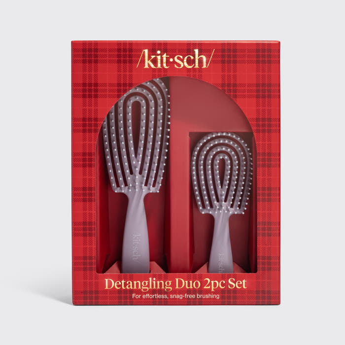 KITSCH Soft Violet Detangling Duo 2pc Set — packaging shot of the retail box — includes full-size and mini brushes for easy detangling at home or on the go — limited-edition holiday duo