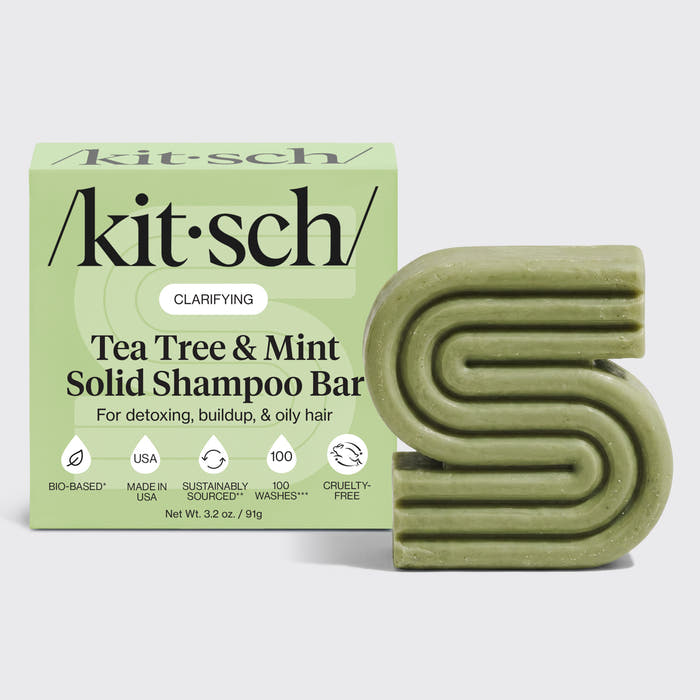 KITSCH Tea Tree & Mint Clarifying Solid Shampoo Bar with packaging box on white background — labeled CLARIFYING, For detoxing, buildup, & oily hair — sulfate-free clarifying shampoo bar that reduces oiliness and visible flakes with Dandrilys® and tea tree & mint blend