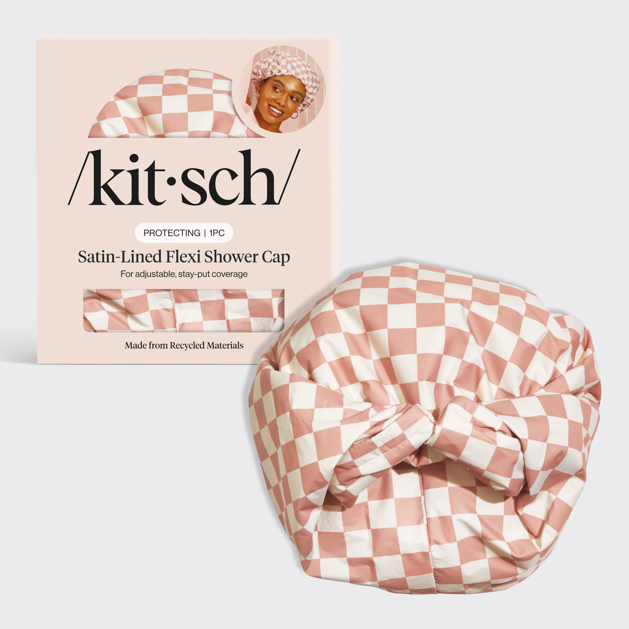 Terracotta Checker Satin Shower Cap | KITSCH
