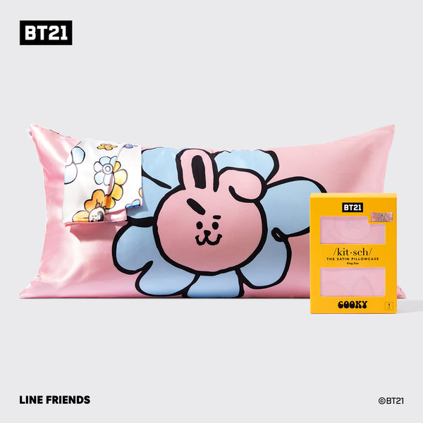 Kitsch x BT21 COOKY King satin pillowcase in pink with large COOKY character graphic and product packaging.