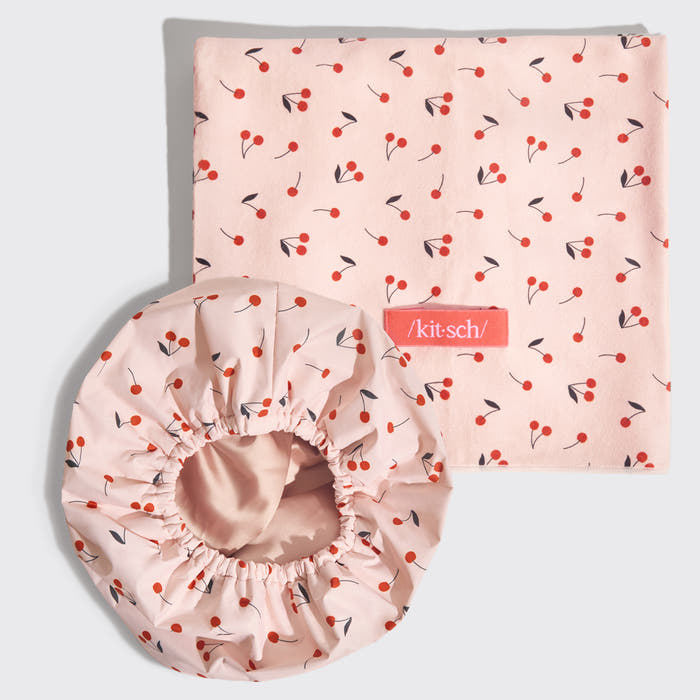 KITSCH Satin Lined Flexi Shower Cap and XL Hair Towel Wrap — Cherry Print — matching bundle set, flat lay product shot