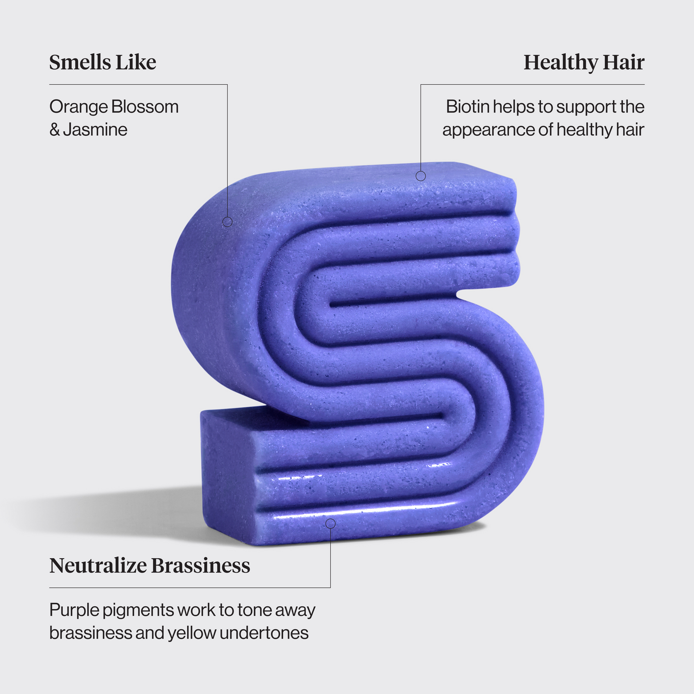 KITSCH Purple Toning Shampoo & Conditioner Bar Combo for Color-Treated & Grey Hair — Biotin purple toning shampoo bar ingredient close-up — enriched with Biotin to boost shine, reduce dullness & strengthen hair — free of parabens, phthalates, silicones, sulfates & artificial fragrance