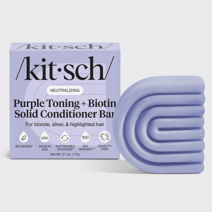 KITSCH Purple Toning Conditioner Bar for Color-Treated & Grey Hair — hero product shot on light gray background — NEUTRALIZING Purple Toning + Biotin Solid Conditioner Bar retail box with bar — For blonde, silver, & highlighted hair — Bio-based | Made in USA | Sustainably Sourced | 100 Washes | Cruelty-Free — Net Wt. 2.7 oz / 77g — Neutralizes unwanted brassiness and yellow undertones