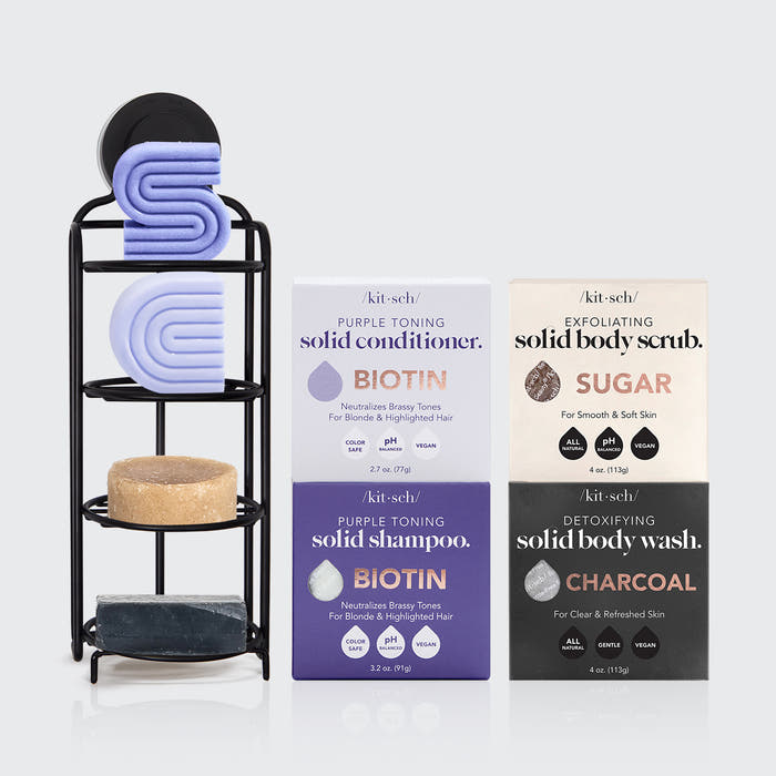 Pack de champú y acondicionador sólidos morados con Biotina + Soporte de Pared