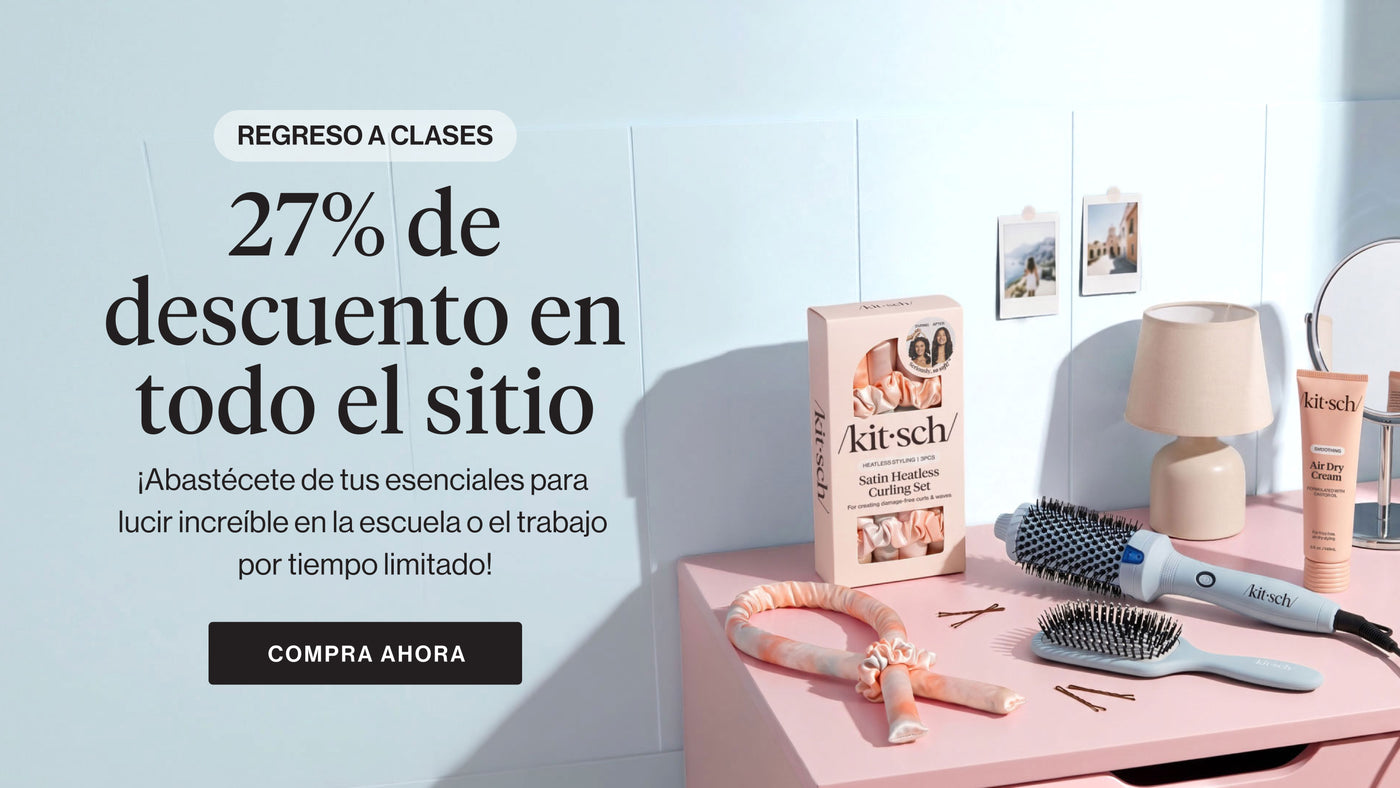 Banner de Kitsch Vuelta al cole: 27 % de descuento en toda la web, con una variedad de accesorios y productos para el cabello de Kitsch sobre fondo neutro.