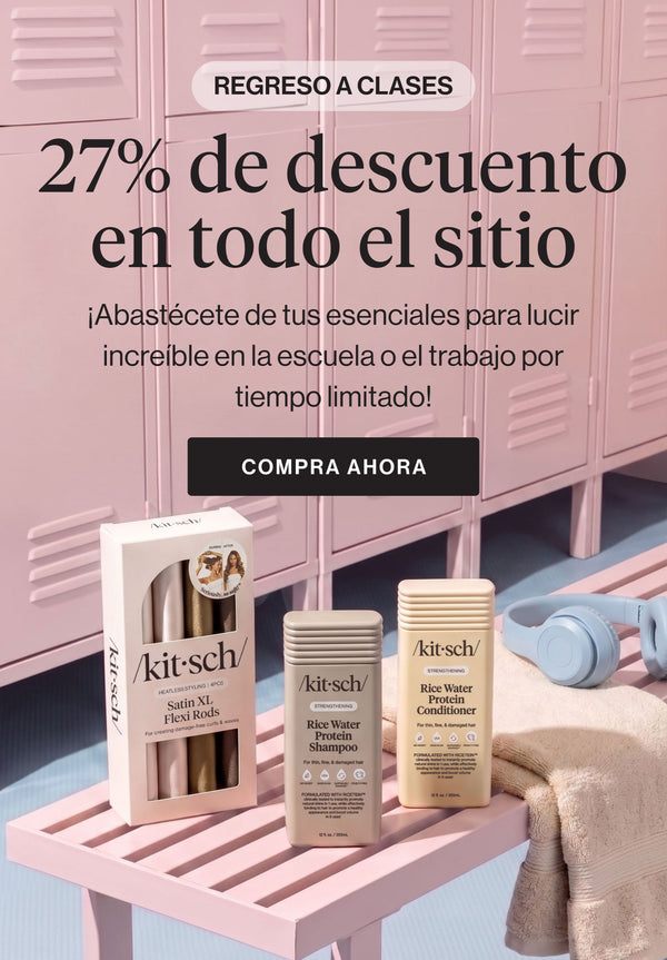 Banner de Kitsch Vuelta al cole: 27 % de descuento en toda la web, con una variedad de accesorios y productos para el cabello de Kitsch sobre fondo neutro.