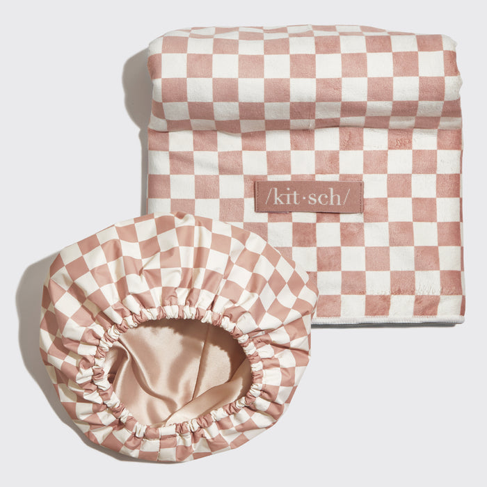 Satin Lined Flexi Shower Cap + XL Hair Towel Bundle, KITSCH