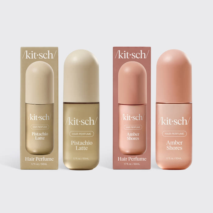 Kitsch Seaside Latte Duo – Pistachio Latte and Amber Shores hair perfumes paired on a warm neutral background