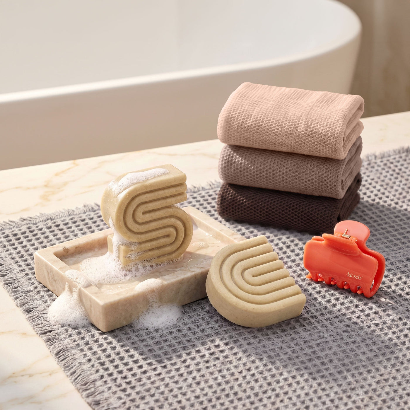 Kitsch Coconut Oil Shampoo and Conditioner Bar Summer Welcome Kit with free African Net Sponge and Quick-Dry Bath Mat
