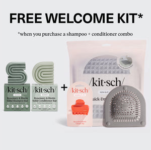 Free Summer Welcome Kit with Rosemary & Biotin Solid Shampoo and Conditioner Bars, plus a Quick-Dry Bath Mat, Recycled Plastic Cloud Clip, and Hair Catcher.