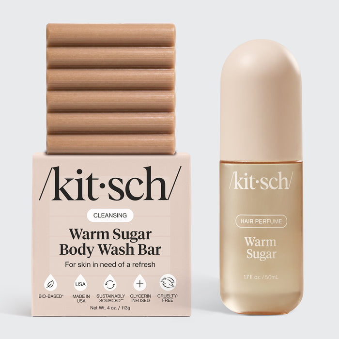 Kitsch Warm Sugar Scent Ritual bundle with the matching warm sugar cleansing body wash bar and hair perfume bottle on light gray background