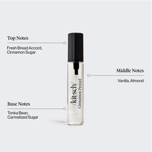KITSCH Movie Theater Hair Perfume Trio Set — Cinnamon Pretzel scent infographic — Smells Like: fresh bread, vanilla & caramelized sugar — Warm, gourmand & cozy fragrance — Smell like a snack — Patented technology eliminates odors at the source — A quick way to refresh your hair between washes