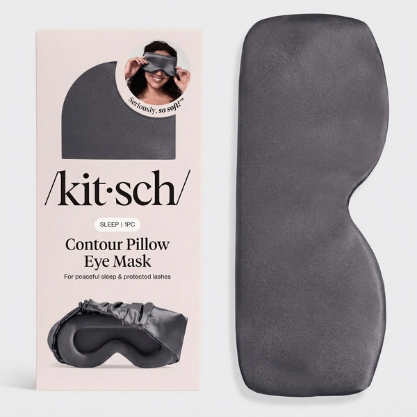 KITSCH Charcoal Contour Pillow Eye Mask — charcoal satin eye mask lying flat with its ruched elastic band visible — features a stretchy, ruched elastic band for a secure yet gentle fit — nightly sleep